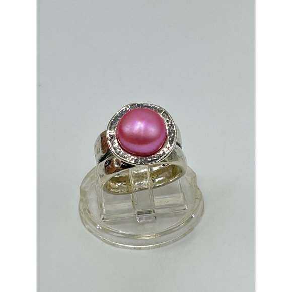 Didae Israel Sterling Silver Dyed Pink Pearl Ring Size 5 925 Hammered Design - Picture 2 of 9